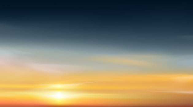 Sunset,Sky Cloud Background,Sunrise with Yellow,Orange,Blue Sky.Winter Nature Landscape Dramatic Golden Hour with twilight Sky in Evening after Sun Dawn, Horizon Summer sundown by Sea Beach vector