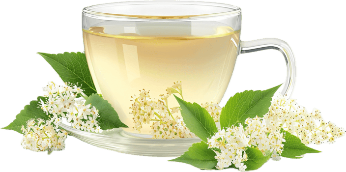 Glass Cup of Flower-Infused Herbal Tea. png