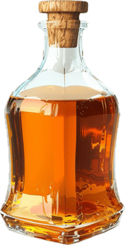 Sealed glass bottle with dark amber liquid. png