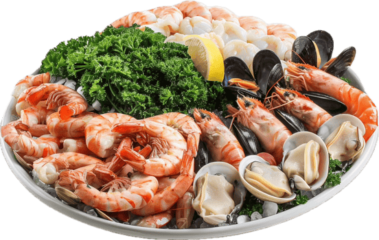 Platter of assorted shellfish with herbs and lemon. png