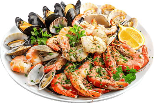 Gourmet seafood feast featuring shellfish and shrimp. png