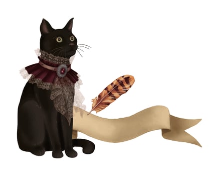 Black cat with ribbon tag and feather corner Halloween composition. Hand drawn illustration in cartoon style. Isolated drawing perfect for autumn graphic and spooky season card designs. vector