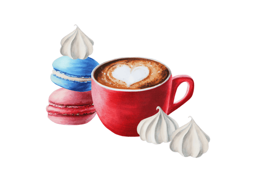 Watercolor fluffy foam cappuccino illustration coffee in a porcelain cup with macaroons, meringue, marshmallow. Hand painting on isolated background. For designers, menu, shop, bar, bistro, rest png