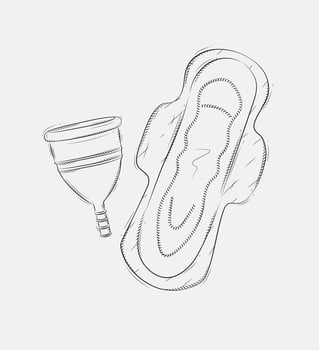Menstrual cup and women sanitary pad composition drawing on grey background vector