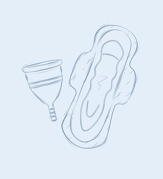 Menstrual cup and women sanitary pad composition drawing on blue background vector