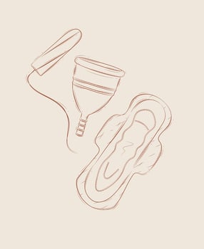 Tampon, women sanitary pad and menstrual cup composition drawing on beige background vector
