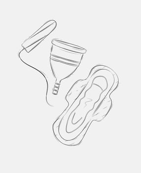 Tampon, women sanitary pad and menstrual cup composition drawing on grey background vector