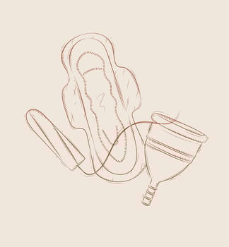 Tampon, women sanitary pad and menstrual cup set drawing on beige background vector