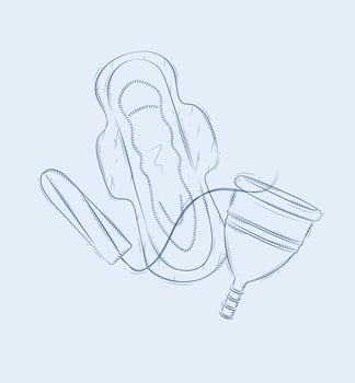 Tampon, women sanitary pad and menstrual cup set drawing on beige background vector