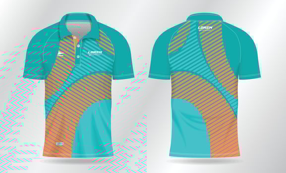 The front and back of a turquoise and orange polo shirt vector