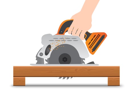 Hands holding electric saw illustration on white background. Construction and building concept. vector