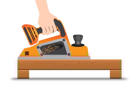 Hands holding electric planer illustration on white background. Construction and building concept. vector