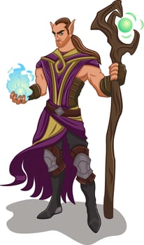 Elf Wizard Warrior 2D. Character Design. Illustration of a Mighty Sorcerer with a Magic Staff. The Magician Casts a Spell vector