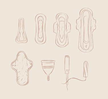 Women periods tools tampon, sanitary pad, menstrual cup drawing on beige background vector