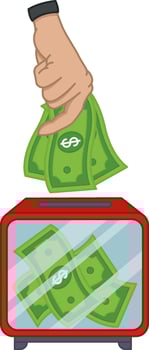 Hand Putting Banknotes Into Donation Box. Financing of Charitable Donations, Social Responsibility. Business Donates Money. illustration vector