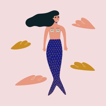 Poster with cute mermaid. Girl siren with waves. Cartoon illustration. vector