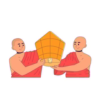 Two young bald monks release a paper lantern into the sky to celebrate Buddha's birthday, Visakha. Concept of striving for enlightenment and peaceful coexistence vector
