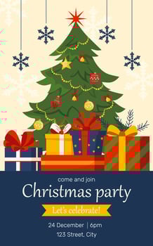 Winter holidays invitation card with Christmas tree, snowflakes and a lot of presents. cute holidays design for print, card, flyer, banner. Merry Christmas 2025 cover vector
