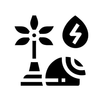 A black and white icon of a windmill, a lightning bolt and a helmet vector