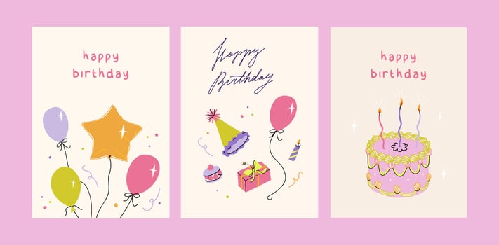Happy birthday card set. Trendy greeting cards with ruffle cake, helium balloons, party hat, gifts. Cute and elegant illustration templates in simple style vector