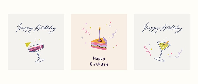 Happy birthday squared card set. Trendy greeting cards with cake slice, martini glass, cocktails. Cute and elegant illustration templates in simple style vector