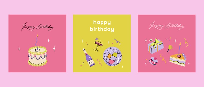 Happy birthday vivid squared card set. Trendy greeting cards with ruffle cake, cocktail, gift box. Cute and elegant illustration templates in simple style vector