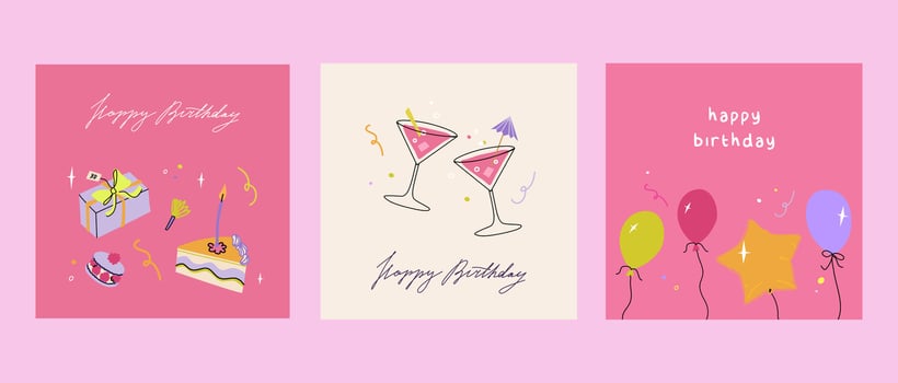 Happy birthday card set. Trendy greeting cards with balloons, cocktails, gift box. Cute and elegant illustration templates in simple style vector