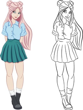 Beautiful Teenage Girl for Coloring. Illustration of a Schoolgirl or Student in a Short Skirt and Shirt vector