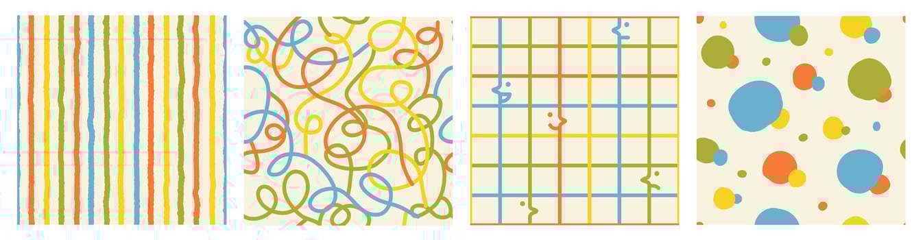 Colorful seamless pattern set of hand drawn curved checkered lines, circle and strip. Trendy design with abstract shapes, simple and playful doodle wallpaper print vector