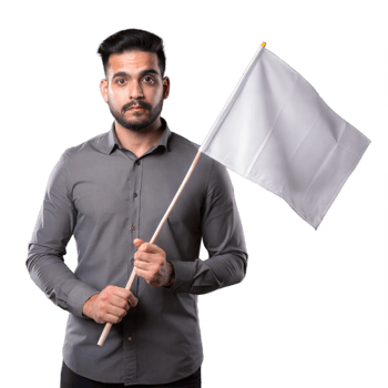 Confident man holding white flag on transparent background, posing with a neutral expression, conceptual image png