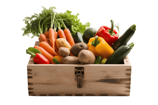 wooden box with vegetables isolated on white or transparent food container healthy green fresh vegetarian salad cucumber carrot pepper organic food market basket for diet ingredient png