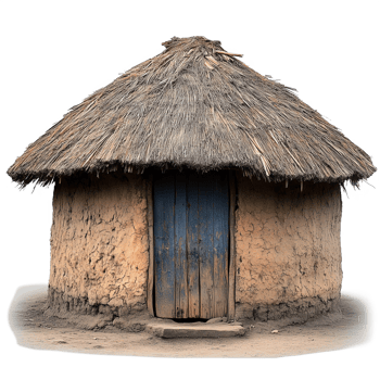 Mud Hut with a Thatched Roof and Wooden Door, Transparent Background png