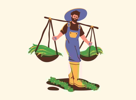 A cartoon illustration of a male farmer carrying a large basket of harvested crops on his shoulders. He is wearing a hat and overalls and looks happy and proud of his work. vector