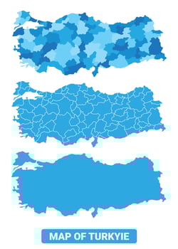 Bluescale Turkiye map in different style border outline illustration set vector