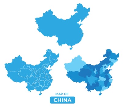 Bluescale China map in different style border outline illustration set vector