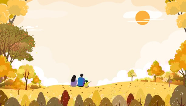 Autumn landscape with Family sitting in garden park looking at Sunset sky,cloud background, illustration Cartoon Banner Nature Orange Foliage Rural Farm field in countryside with sunrise vector