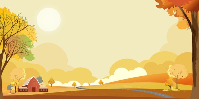 Autumn Landscape Grass fields,Mountain,Morning Yellow Sky and Clouds Background,Horizon peaceful rural nature Sunny day Fall season in countryside.Cartoon illustration Beautiful Sunset Sky vector