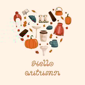 autumn elements with the inscription hello autumn. Umbrellas, mushrooms, pumpkins, autumn clothes, cinnamon and more. For backgrounds, postcards, banners, and illustrations vector