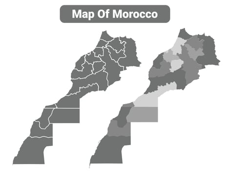Greyscale Morocco political map with borders of region illustration set vector
