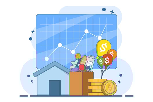The concept of inflation in economics. Goods and services become more expensive. Food prices rise. Loss of purchasing power, rising consumer prices, currency depreciation, financial crisis. vector