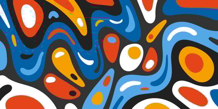 Abstract surreal biomorphic naive graphic shapes collage banner. Modern trendy flowing biomorphic free forms crazy doodle print. Decorative liquid figures artistic pattern. Psychedelic artwork. Eps vector