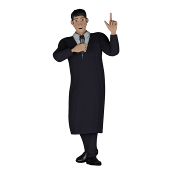 Cartoon .of a Male Judge. A male judge stands holding a microphone in his right hand while his left hand points up. 3D Style png