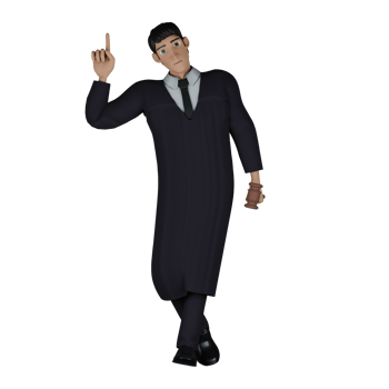 Judge Character 3D. A male judge stands with his legs crossed while his right hand is raised pointing up. Illustrated Male Jurist png