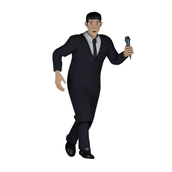 3D Professional Judge Character. A male judge stands with his legs crossed while holding a microphone in his left hand. Male Jurist png