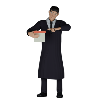 3D Male Judge Presiding. A male judge stands with his right hand holding a folder or document while his left hand points to the folder or document. Courtroom Cartoon png