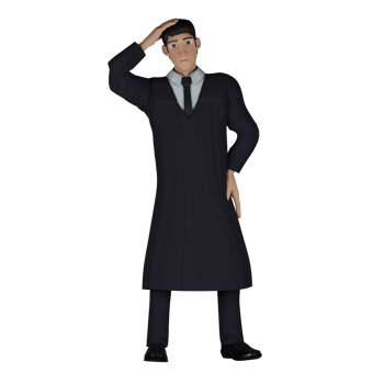 Professional Judge 3D Cartoon. A male judge stands with his right hand above his head while his left hand is on his waist. Male Legal Expert png