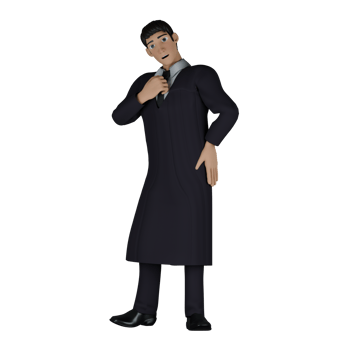 Professional Male in Judiciary. A male judge stands with his right hand holding his tie while his left hand is on his waist. 3D Judge Cartoon png