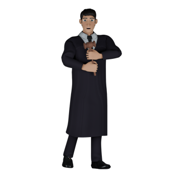Professional Male Judge in 3D. A male judge walks with both hands holding a court hammer in front of his body. Courtroom Character png