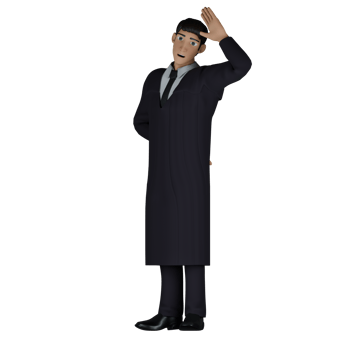3D Justice Service Provider. A male judge stands with his left hand raised to his head and his right hand behind his body. Cartoon Male Judge png