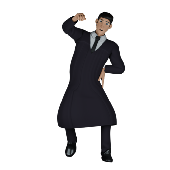 Illustrative 3D Male Judge. A male judge stands with his body slightly tilted, his left hand on his waist while his right hand is raised upwards. Legal Leader png